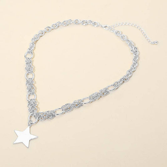Hammered Metal Star Pendant Chunky Mixed Chain Necklace