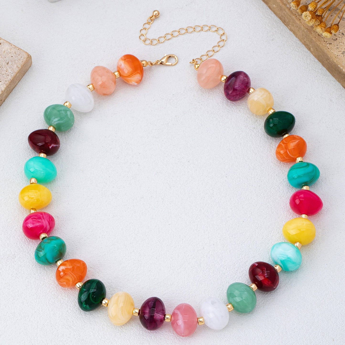 Multi Colored Resin Pebble Beaded Necklace |