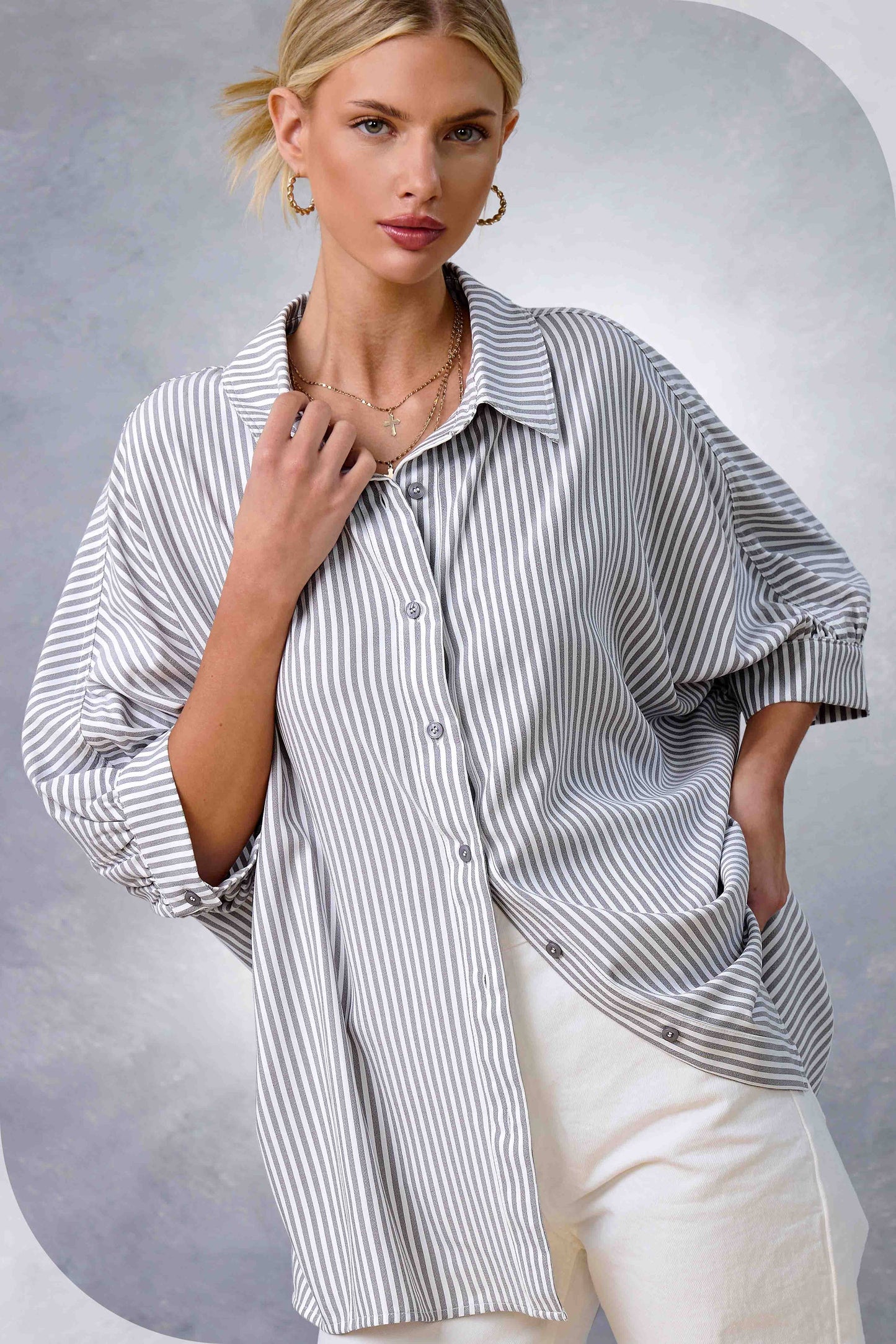 Gray Relaxed Striped 3/4 Sleeve Button Down Shirt Fall