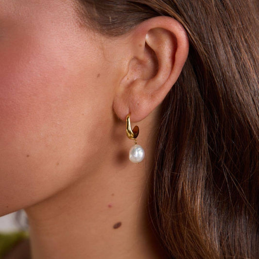 Gold Waterproof Pearl Drop Hoops Earrings Nickel & Suede