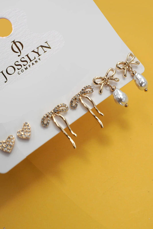 Rhinestone Heart Bow Pearl Drop Earring Set