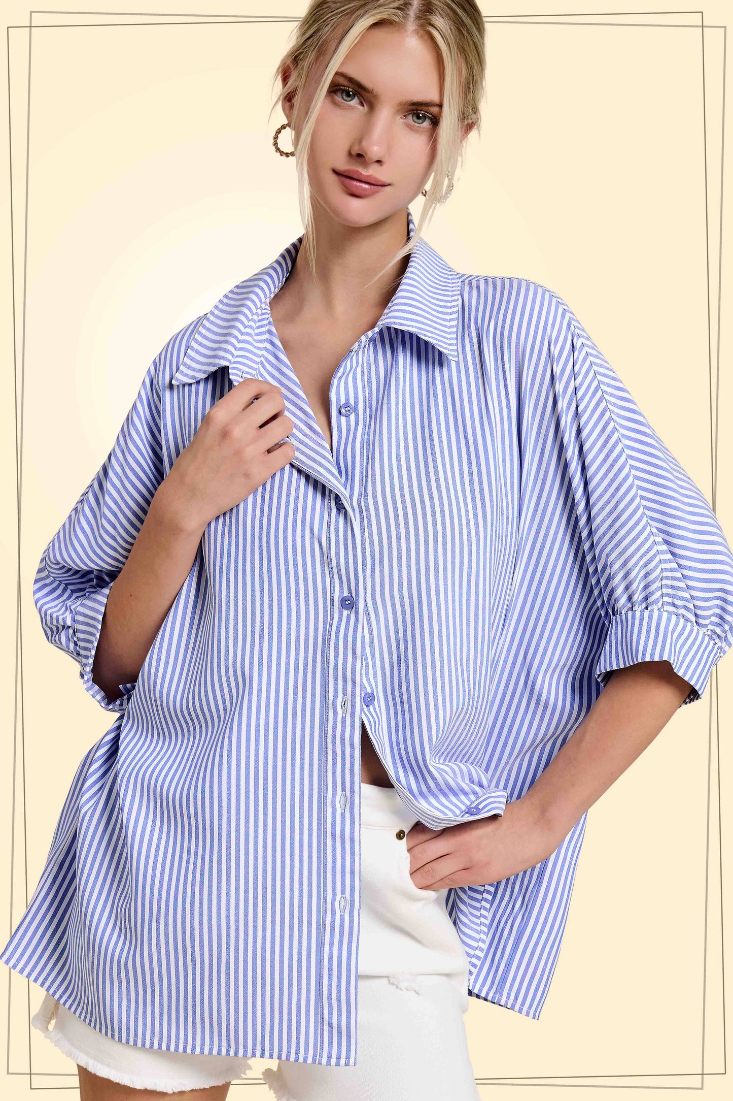 Gray Relaxed Striped 3/4 Sleeve Button Down Shirt Fall