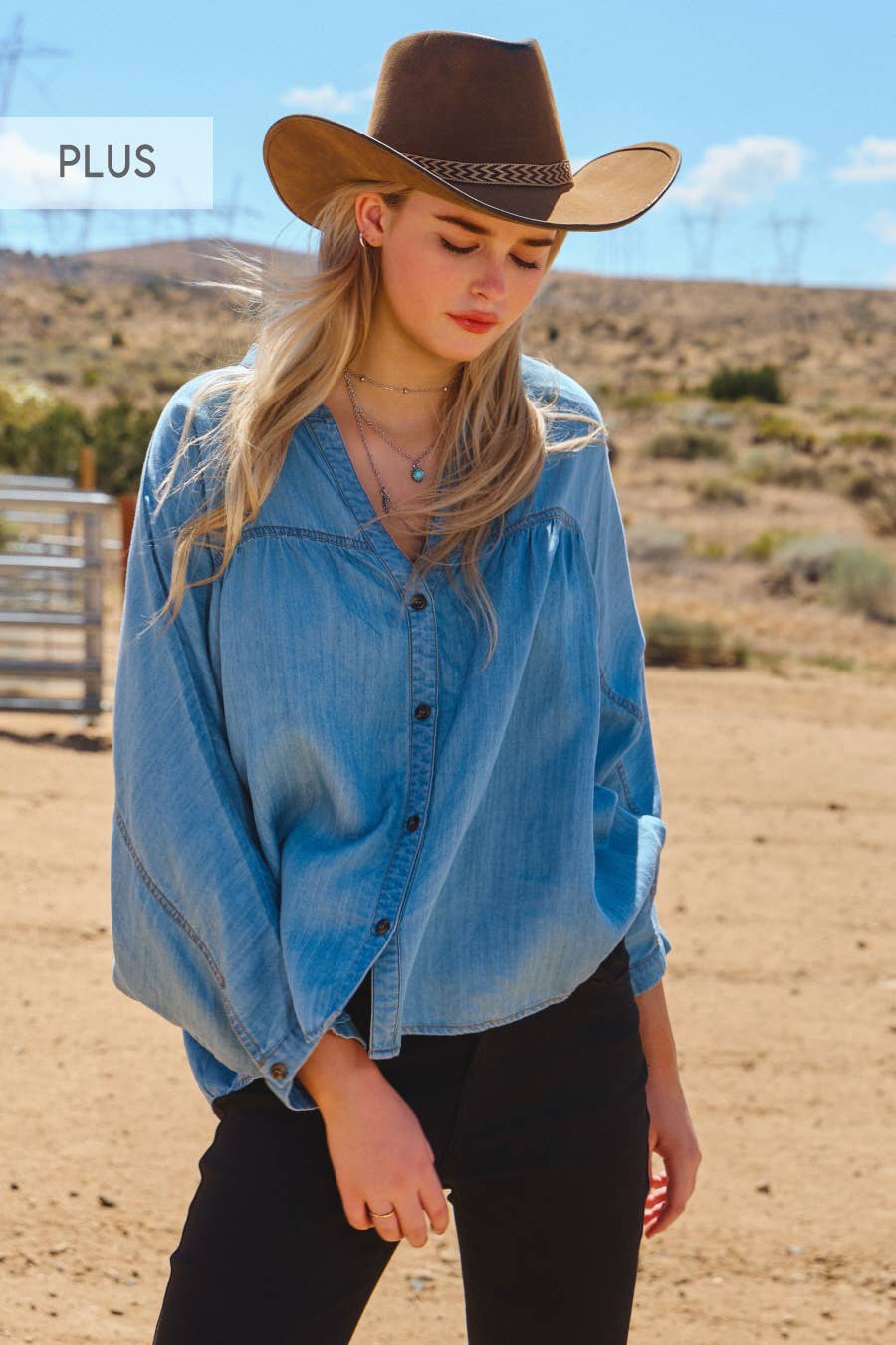 Plus Chambray Denim V-neck Button Down Shirt