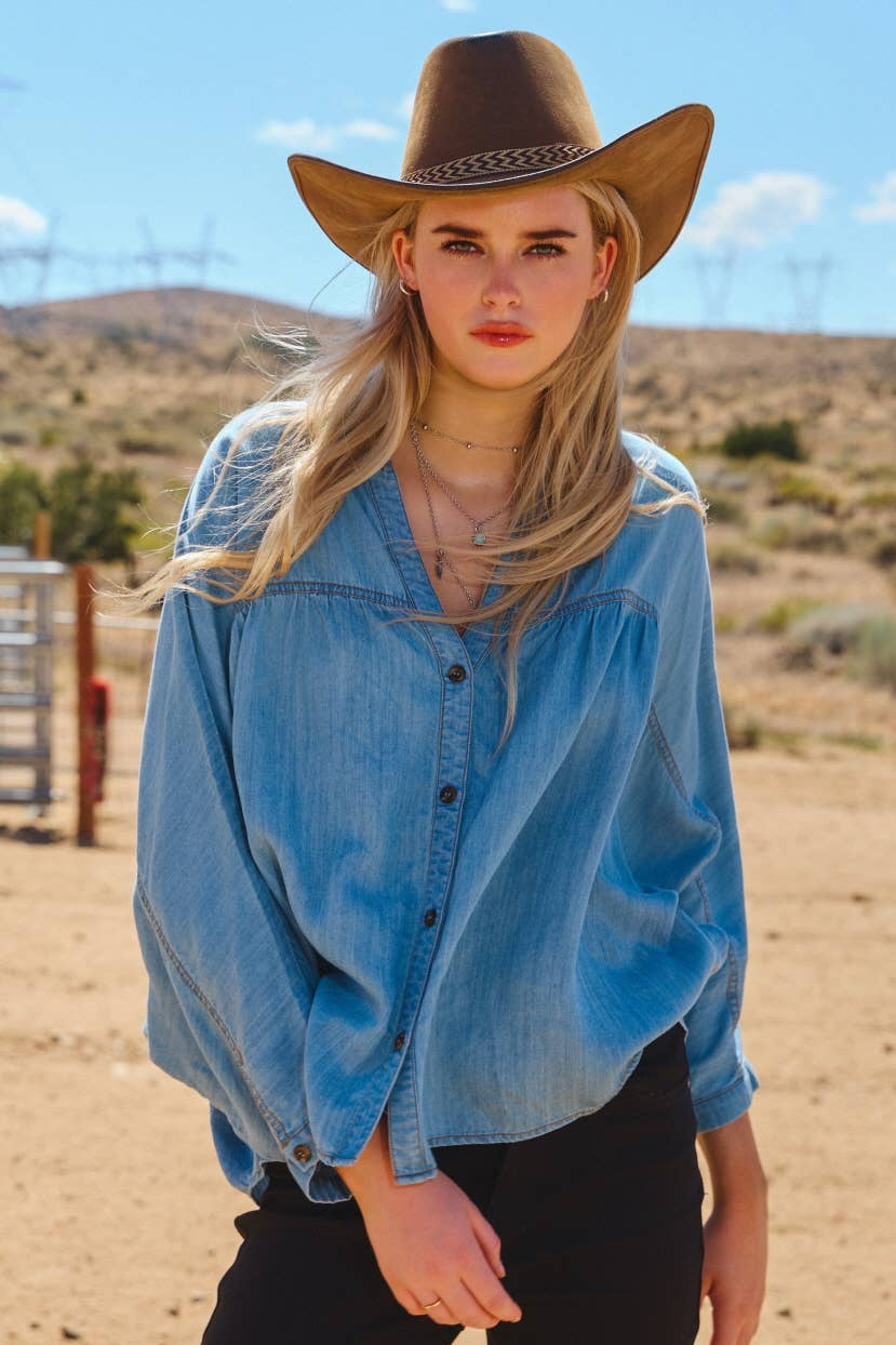 Plus Chambray Denim V-neck Button Down Shirt