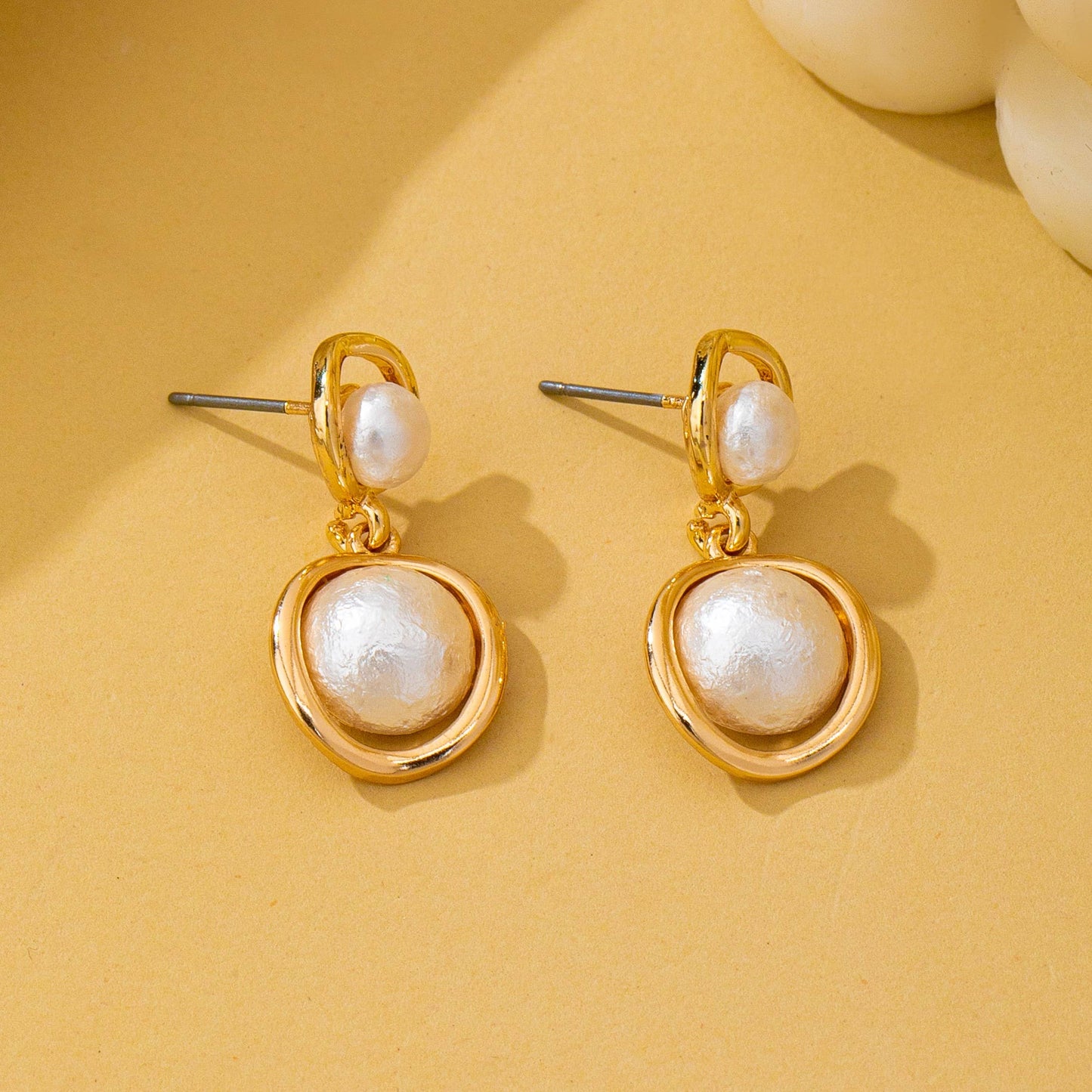 Organic Gold Ring Freshwater Pearl Drop Earrings