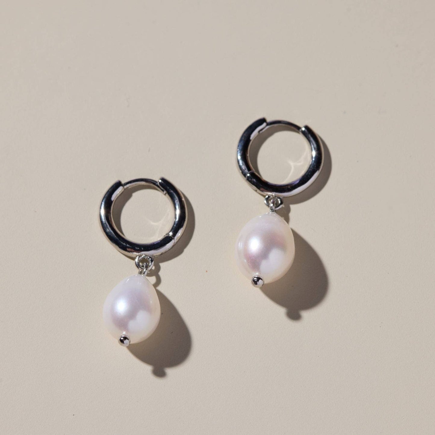 Silver Pearl Drop Huggies Nickel & Suede