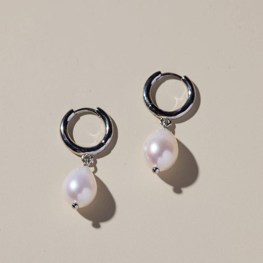 Silver Pearl Drop Huggies Nickel & Suede