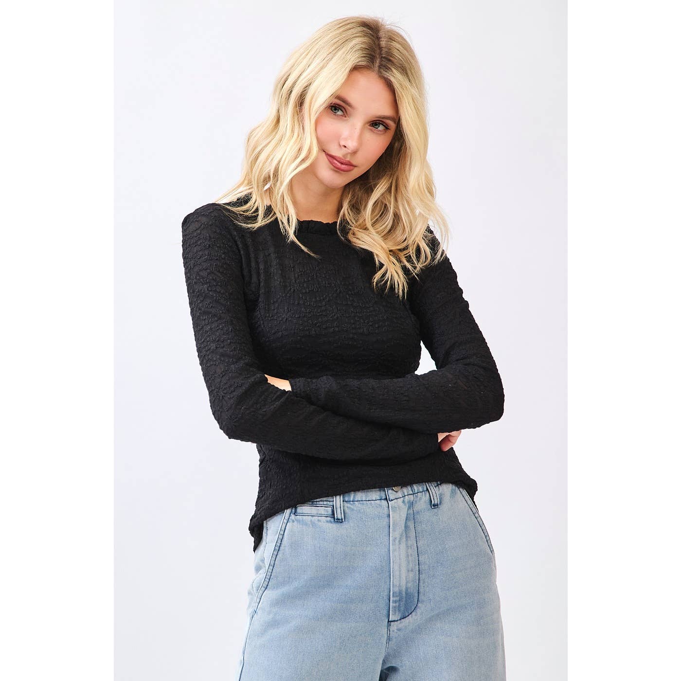 Bone Lace Long Sleeve Ruffle neck layering top