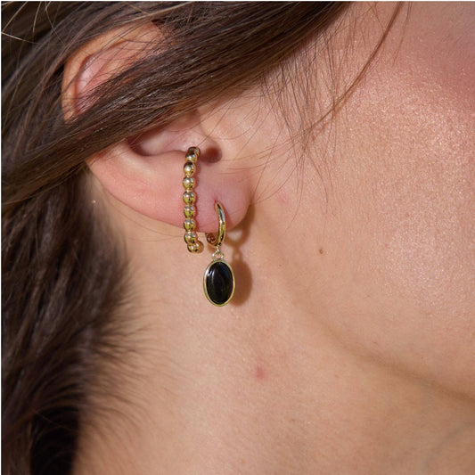 Black Oval Stone Huggies - Nickel & Suede