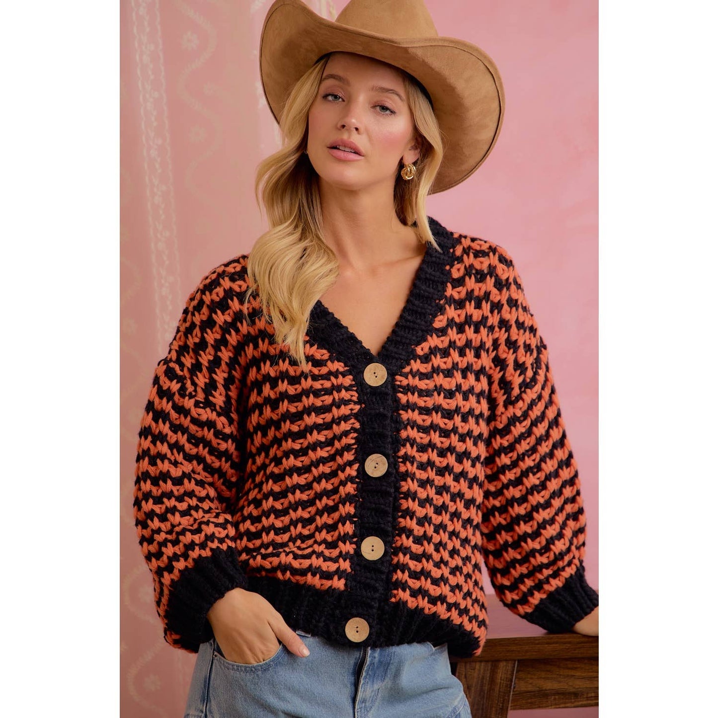 Orange and black chunky knit cardigan