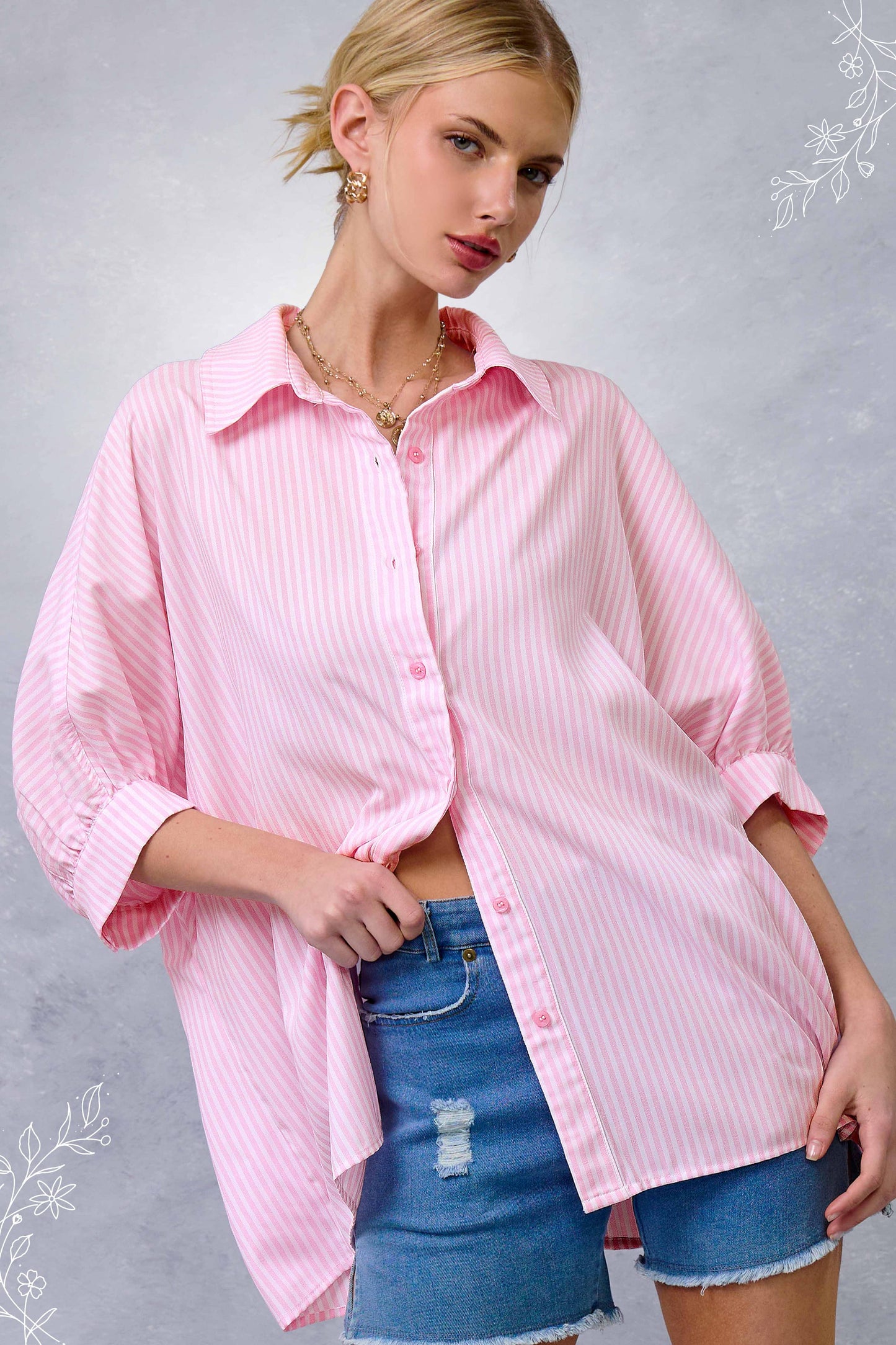 Gray Relaxed Striped 3/4 Sleeve Button Down Shirt Fall