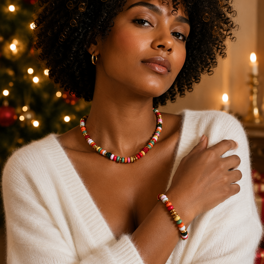 Festive Color Bead Necklace, Gold Accent & Crystal Pavé