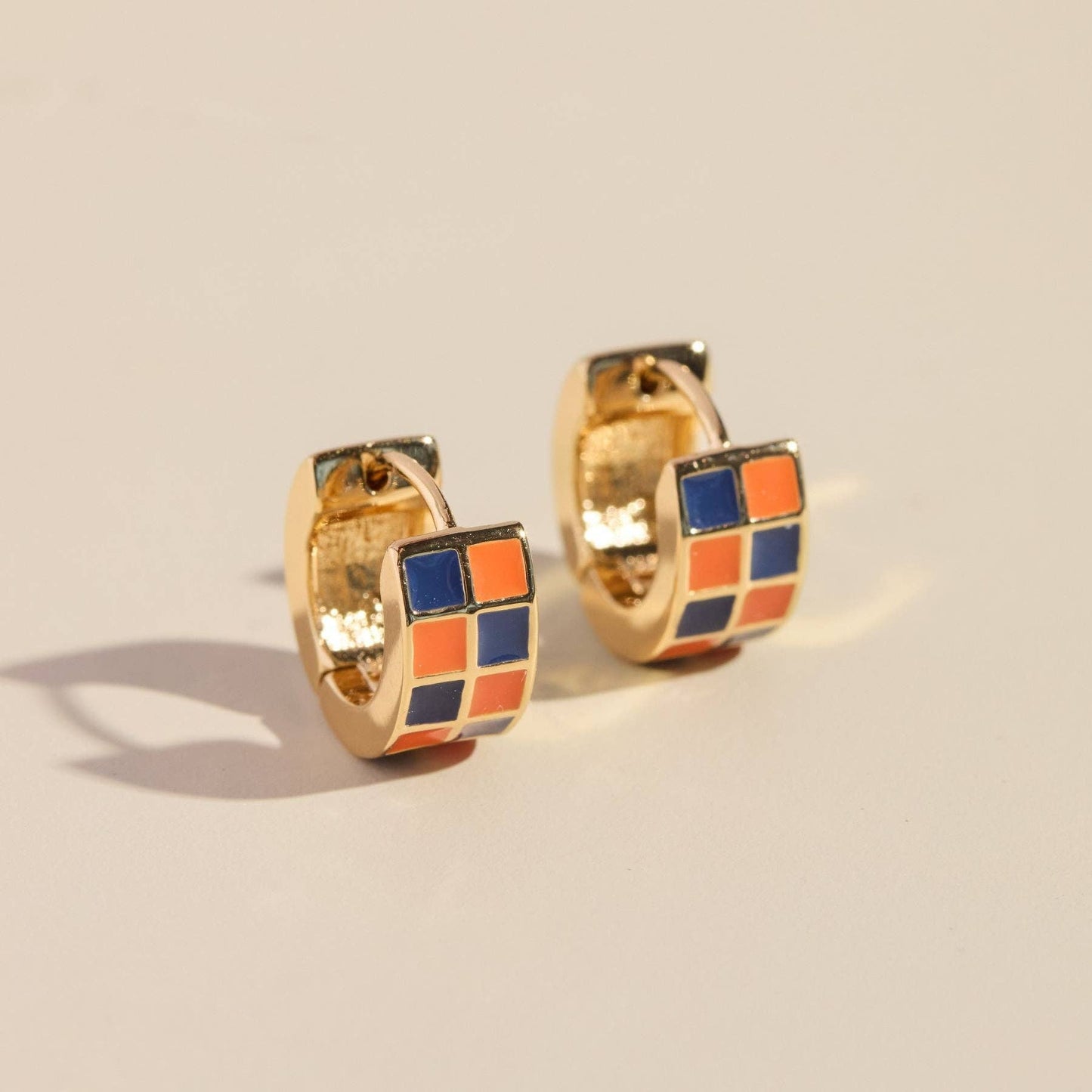Blue & Orange Checkered Enamel Huggies - Nickel & Suede