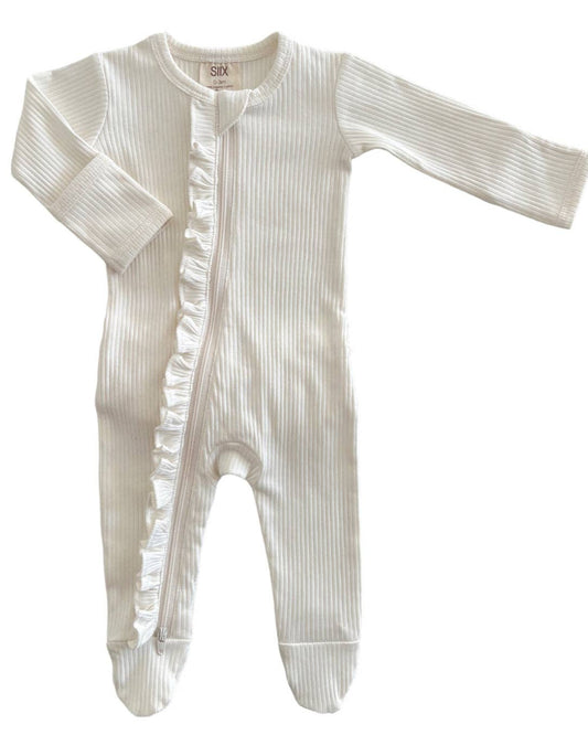 Ivory / Organic Ribbed Frill Zip Footie