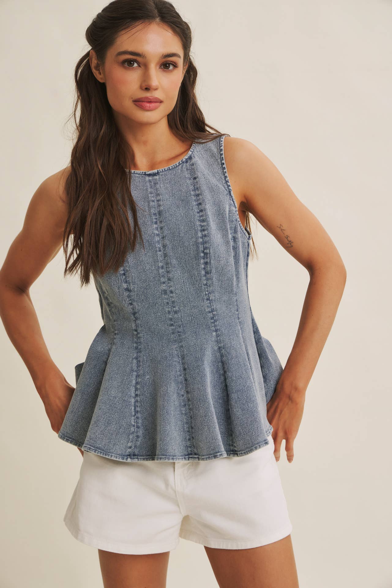 Mineral Wash Denim Peplum Top