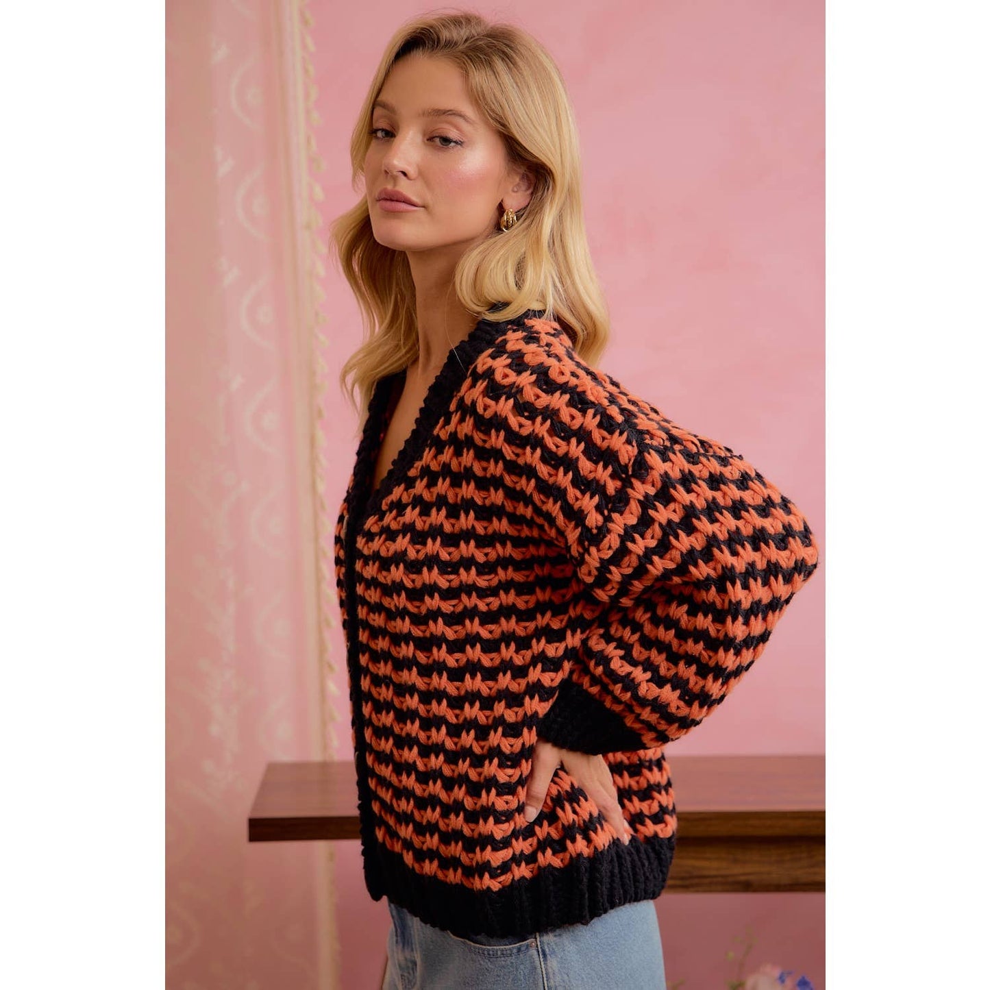 Orange and black chunky knit cardigan