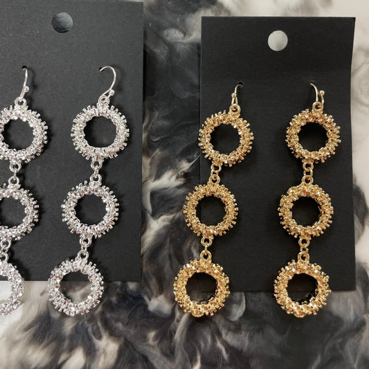 Triple drop Open texture circle 2" earrings (gold or silver)