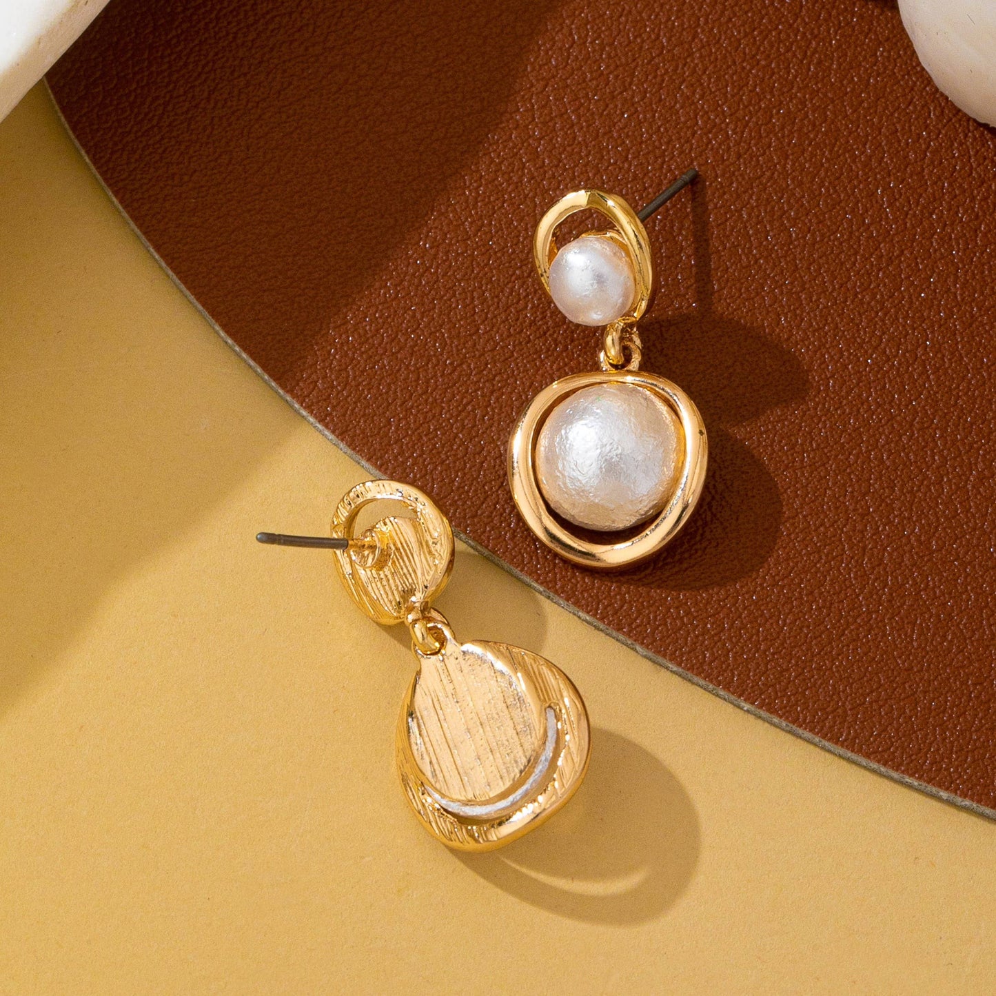 Organic Gold Ring Freshwater Pearl Drop Earrings