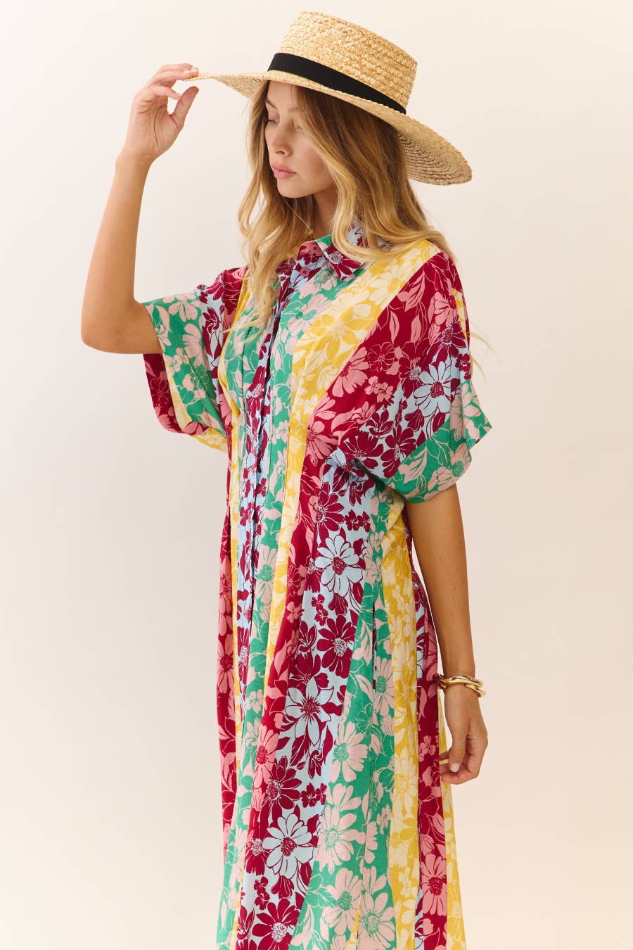 Mixed Floral Print Button-front Midi Dress