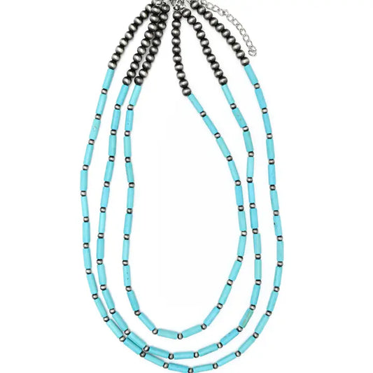 3 Strand Turquoise Tube Bead & Faux Navajo Pearl Necklace