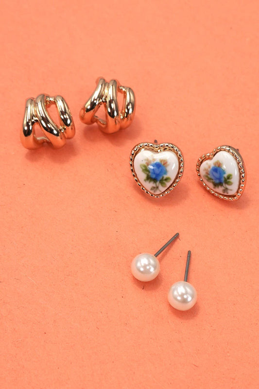 Heart Porcelain Stud Hoop Earring Set