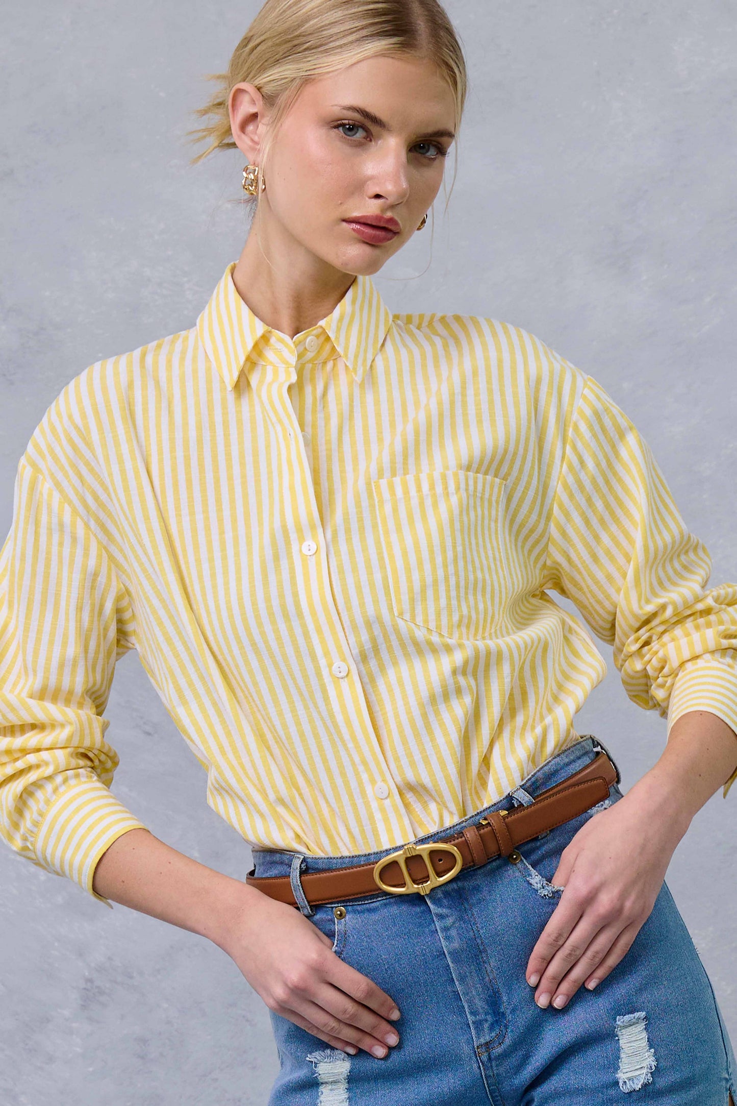 Yellow Collared Contrast Stripe Button Down Shirt
