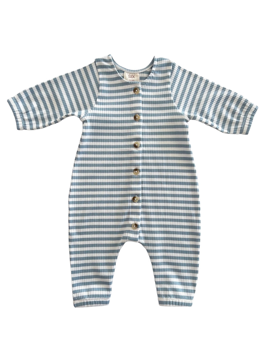 Baby Dusty Blue Stripe / Organic Ribbed Long Sleeve Bay Jumpsuit