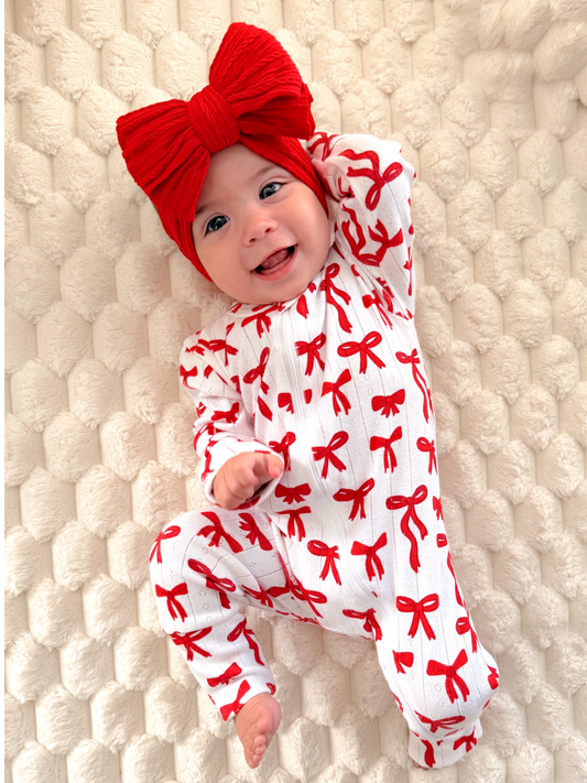 Red Bows / Organic Pointelle 2-Way Zip Romper