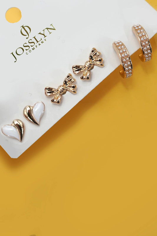 PEARL HUGGIE HOOP BOW HEARAT TRIO EARRINGS | 80E6968