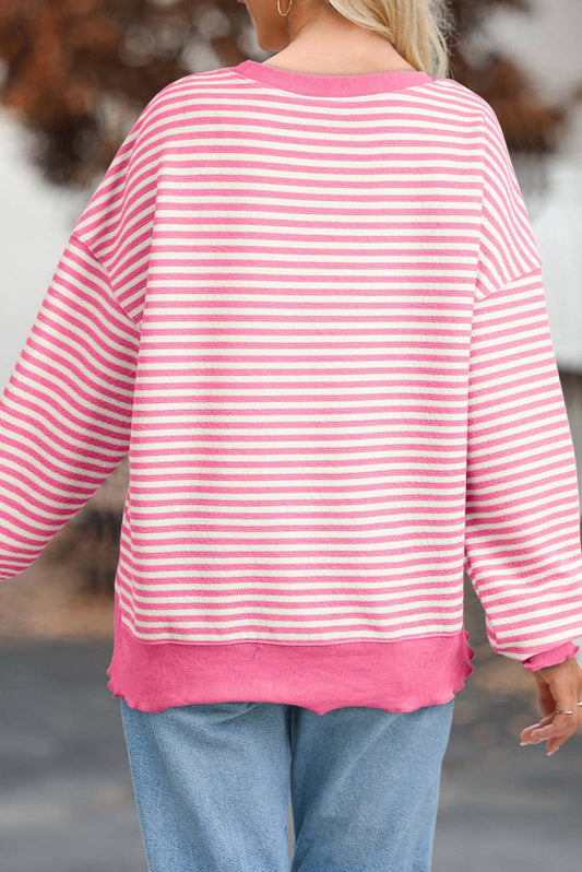 Pink Striped Print Loose Fit Long Sleeve Top