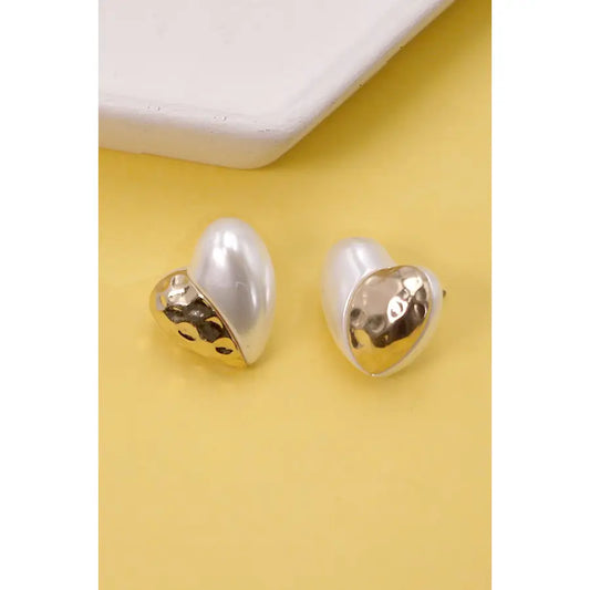 3-D Half Gold Clear Half Pearl Stud Earrings