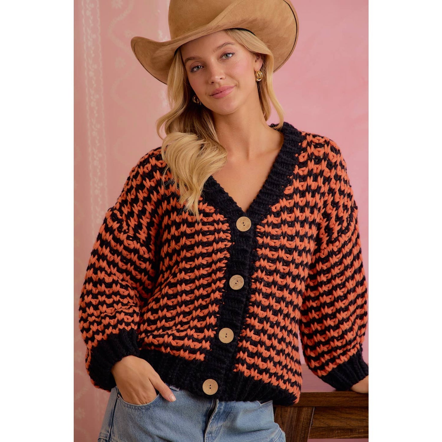Orange and black chunky knit cardigan