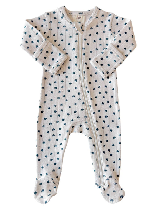 Blue Flower / Organic Pointelle 2-Way Zip Footie