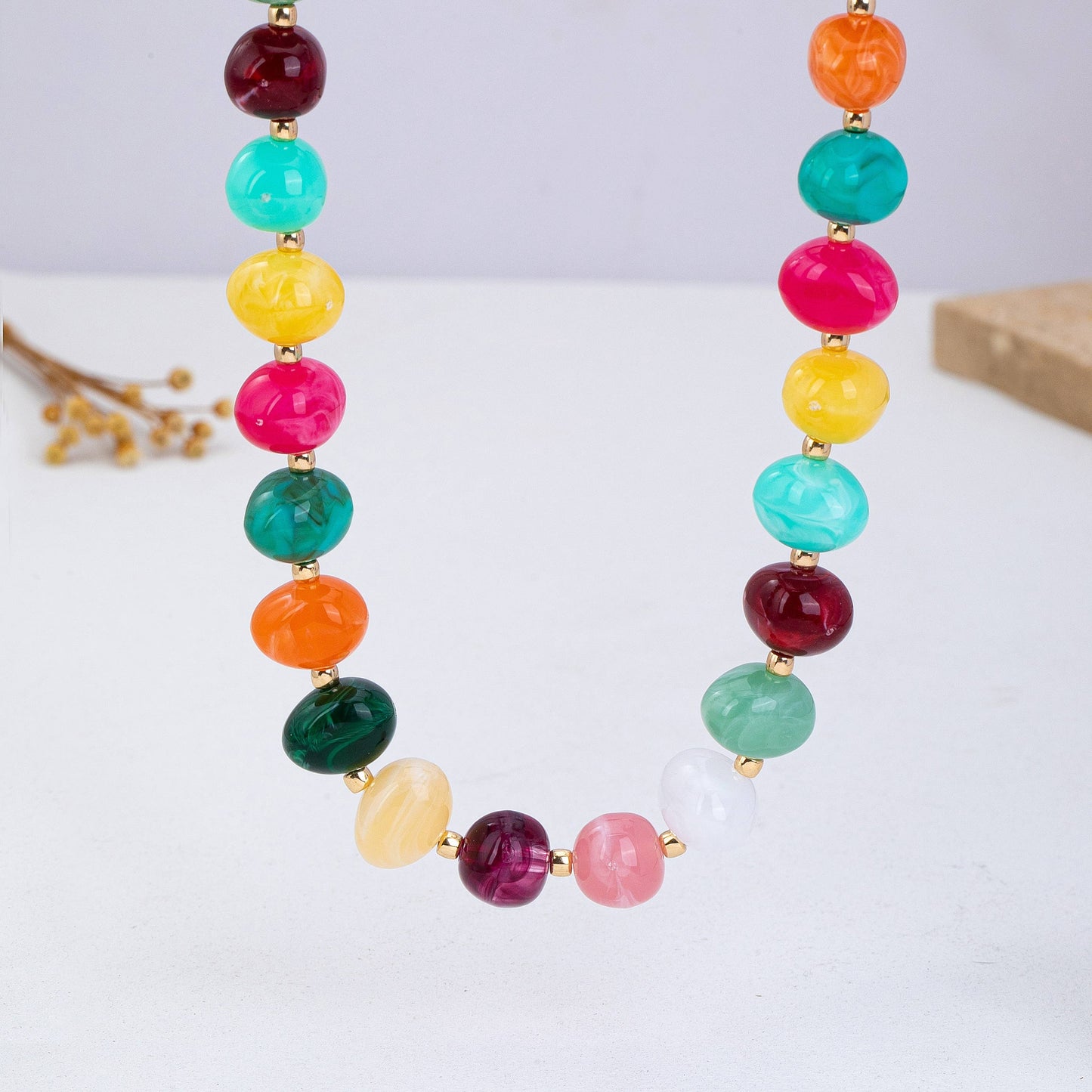 Multi Colored Resin Pebble Beaded Necklace |
