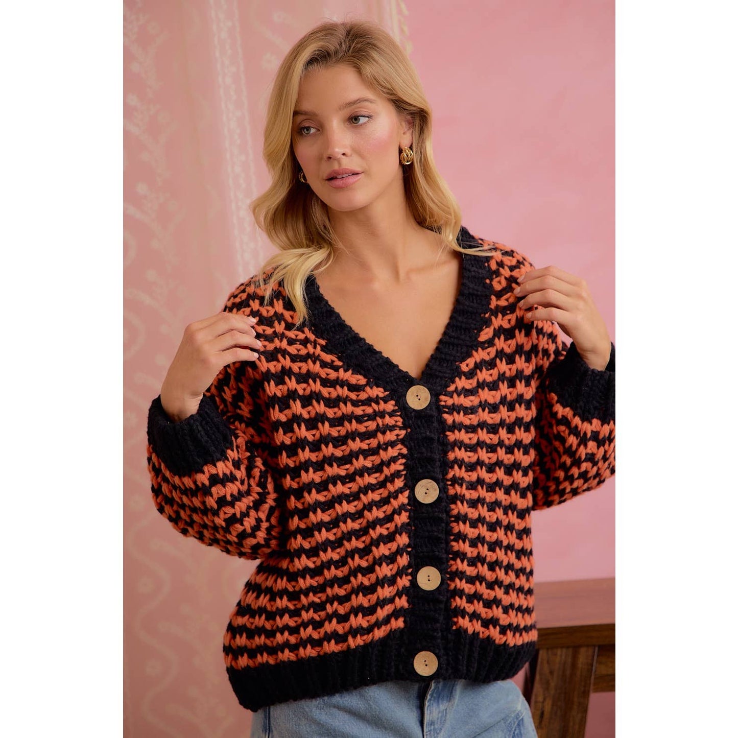 Orange and black chunky knit cardigan