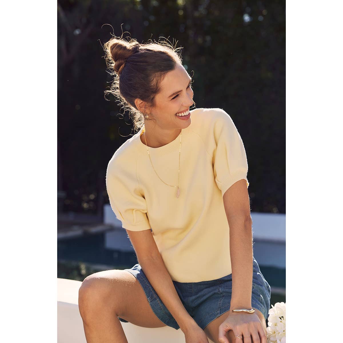 Ivory Cotton Sweater with Puff Sleeves