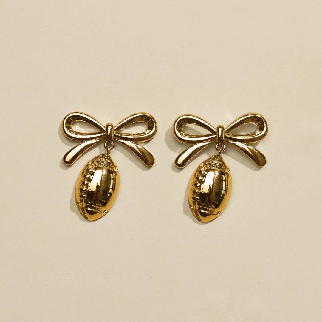 Gold Waterproof Football & Bow Drop Stud Earrings - Nickel & Suede