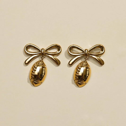 Gold Waterproof Football & Bow Drop Stud Earrings - Nickel & Suede