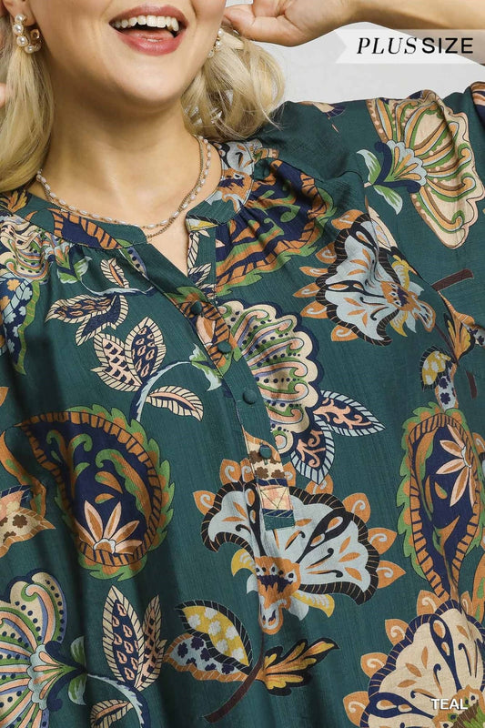 Teal Boho Paisley Puff Sleeve Blouse - Plus