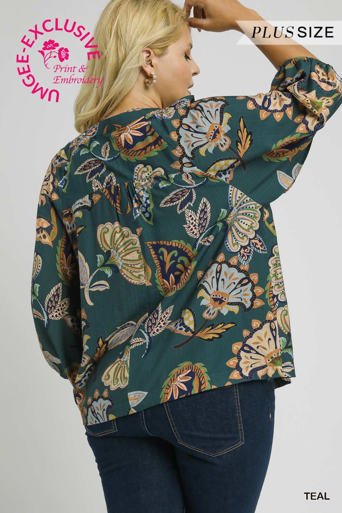 Teal Boho Paisley Puff Sleeve Blouse - Plus