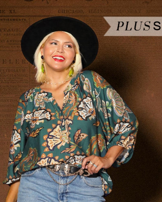 Teal Boho Paisley Puff Sleeve Blouse - Plus