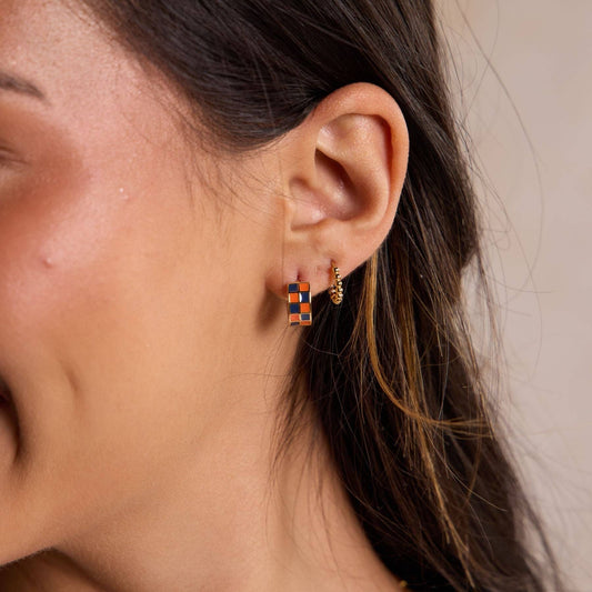 Blue & Orange Checkered Enamel Huggies - Nickel & Suede