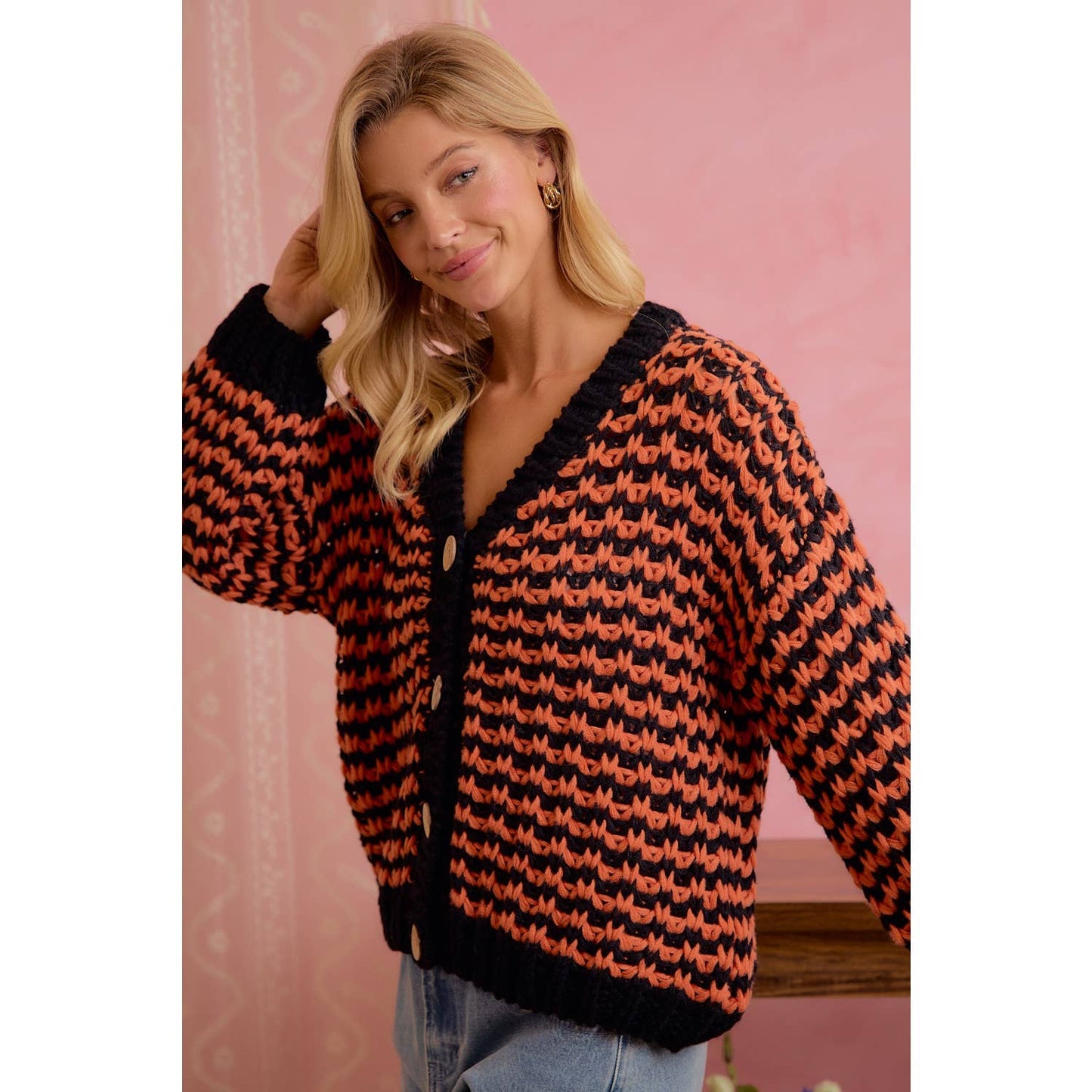 Orange and black chunky knit cardigan