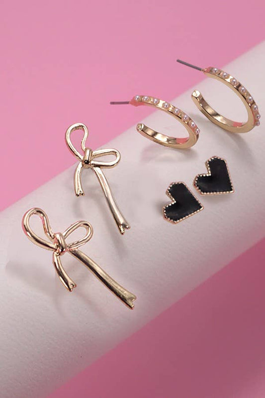 Trio Bow Hoop Heart Earring Set