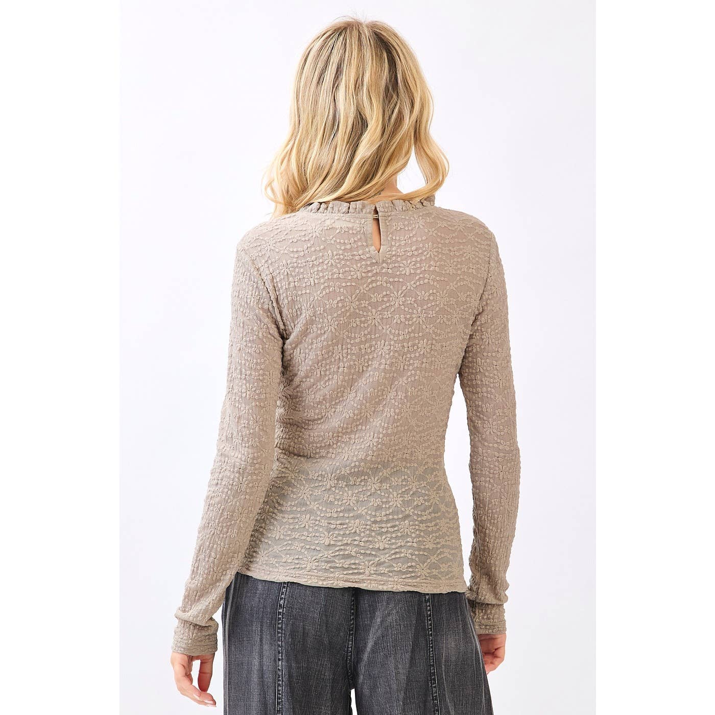 Bone Lace Long Sleeve Ruffle neck layering top