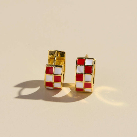 Red & White Checkered Enamel Huggies Nickel & Suede
