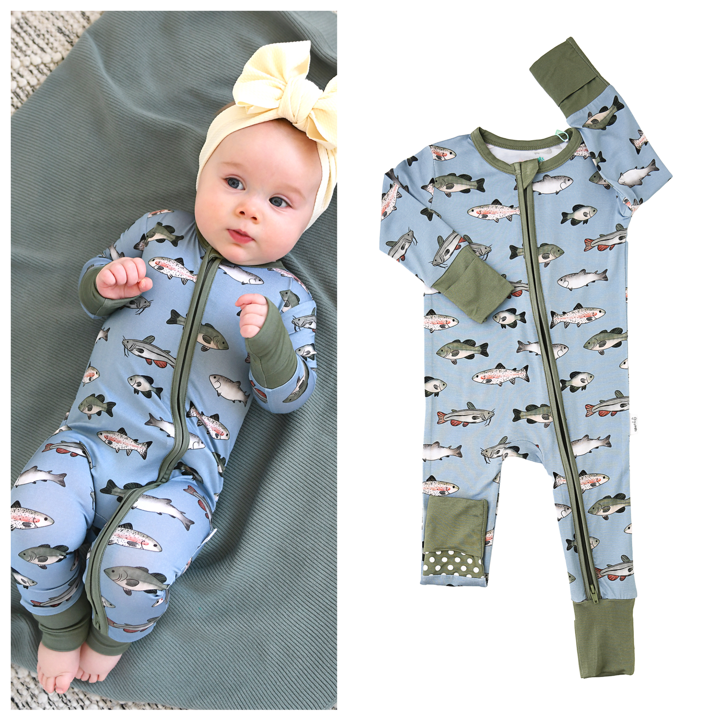 Wade ZIP Bamboo Fish One Piece Baby Outfit