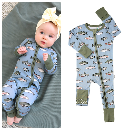 Wade ZIP Bamboo Fish One Piece Baby Outfit