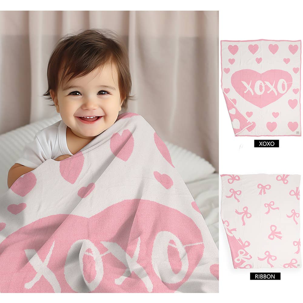 Pink Ribbon / Bow Patterned Reversible Kids Throw Blanket