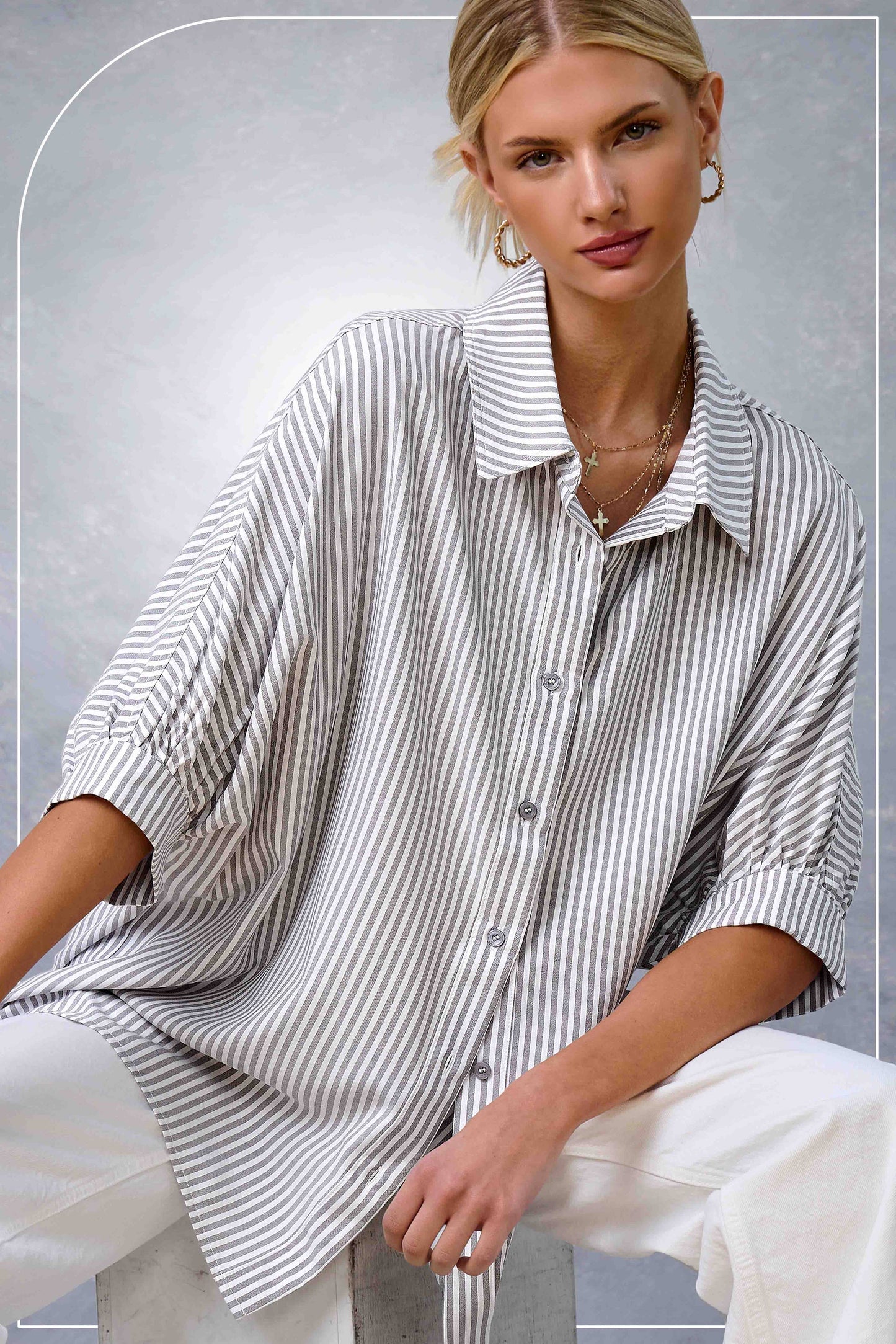 Gray Relaxed Striped 3/4 Sleeve Button Down Shirt Fall